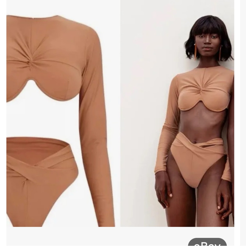 NWT $225 Andrea Iyamah Akacia long sleeve beige/nude bikini set, size small.